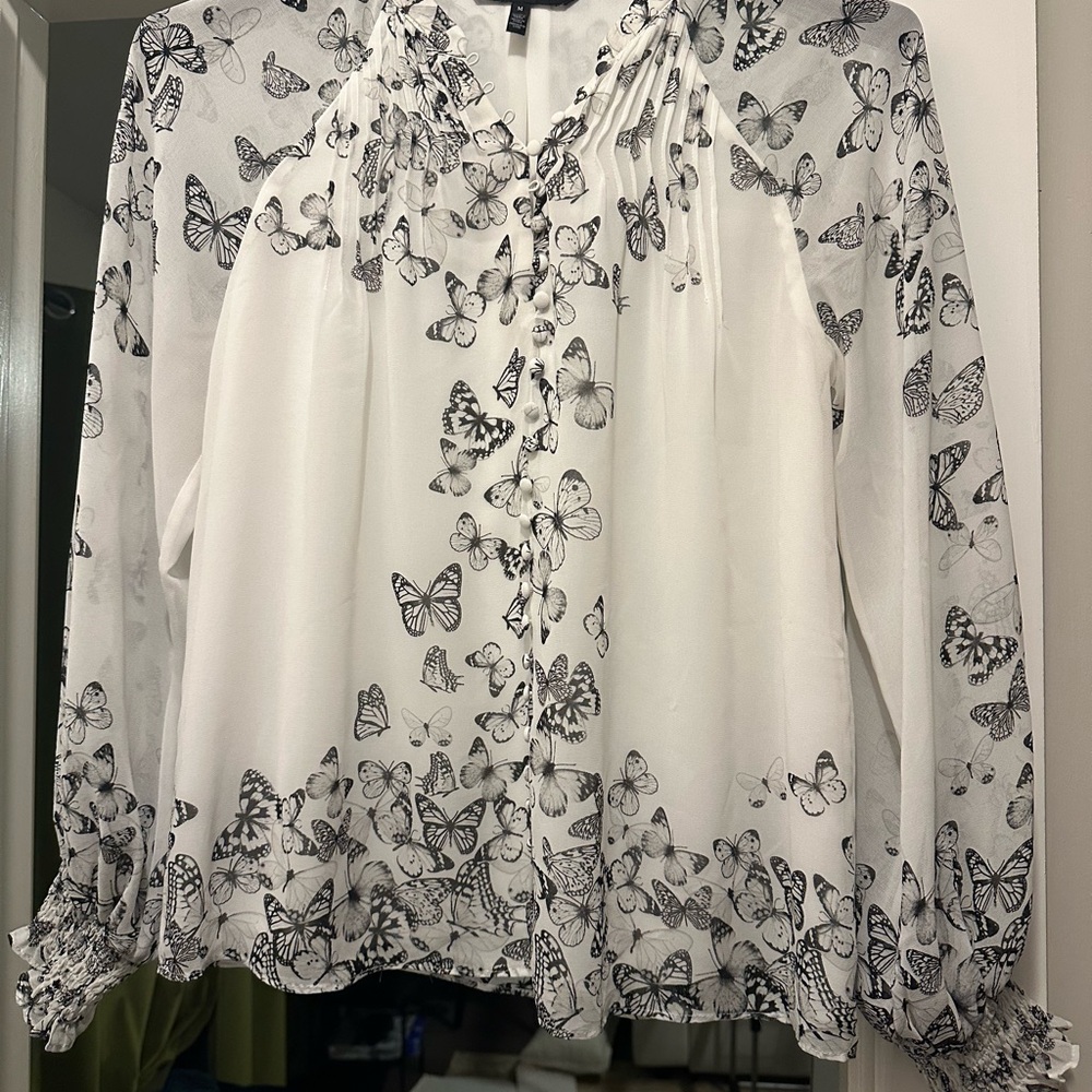 White House Black Market Women's Butterfly Print Blouse - Black and White- M